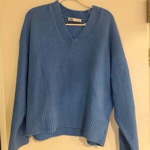 Zara Women's Sky Blue V-Neck Sweater